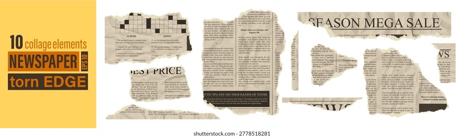 Ripped article clipping page for news collage scrapbook document patch scratch kit. Set of torn newspaper note pieces vintage teture jagged rip edge effect. Crumpled sheet template with dummy text.