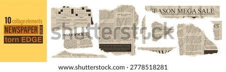 Ripped article clipping page for news collage scrapbook document patch scratch kit. Set of torn newspaper note pieces vintage teture jagged rip edge effect. Crumpled sheet template with dummy text.