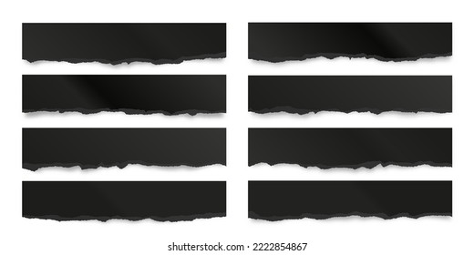 Ripped black paper strips isolated on white background. Realistic crumpled paper scraps with torn edges. Shreds of notebook pages. Vector illustration.