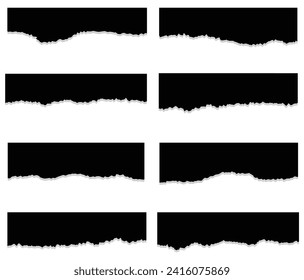 Ripped black paper strips isolated on white background. Sticky notes, Torn papers,Shreds of notebook pages.Realistic crumpled paper scraps with torn edges.  Vector illustration.