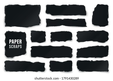 Ripped black paper strips. Realistic crumpled paper scraps with torn edges. Shreds of notebook pages. Vector illustration
