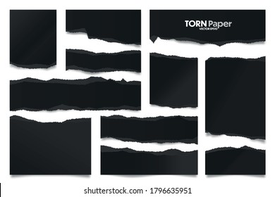 Ripped black paper strips. Realistic crumpled paper scraps with torn edges. Shreds of notebook pages. Vector illustration