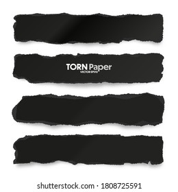 Ripped black paper strips. Realistic crumpled paper scraps with torn edges. Shreds of notebook pages. Vector illustration