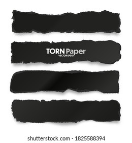 Ripped black paper strips. Realistic crumpled paper scraps with torn edges. Shreds of notebook pages. Vector illustration