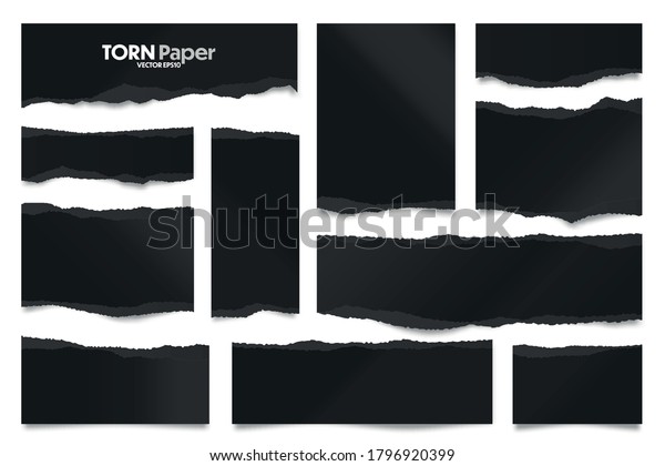 Ripped black paper strips. Realistic\
crumpled paper scraps with torn edges. Shreds of notebook pages.\
Vector illustration