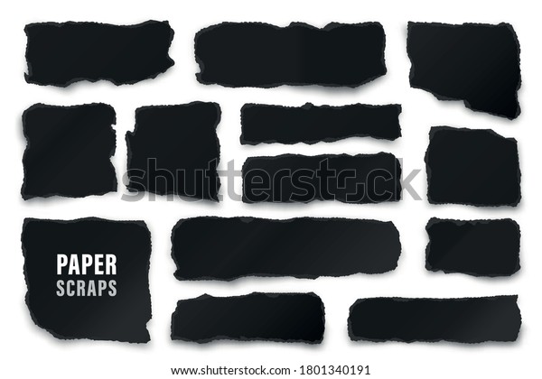 Ripped black paper strips. Realistic\
crumpled paper scraps with torn edges. Shreds of notebook pages.\
Vector illustration.