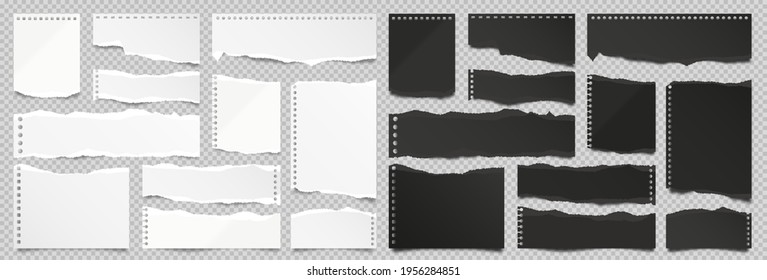 Ripped black and white paper strips isolated on transparent background. Realistic paper scraps with torn edges. Sticky notes, shreds of notebook pages. Vector illustration.
