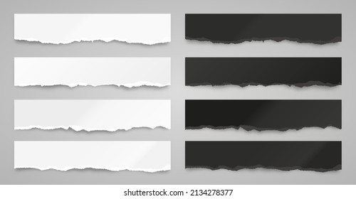 Ripped black and white paper strips. Realistic crumpled paper scraps with torn edges. Shreds of notebook pages. Vector illustration.