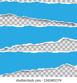 Ripped blank horizontal note paper strips for text or message stuck on transparent background.