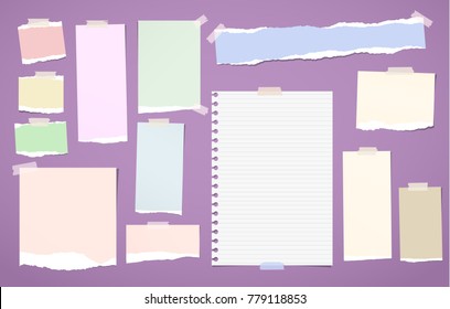 Ripped blank lined, colorful note, notebook paper strips, sheets stuck with sticky tape for text or message on violet background