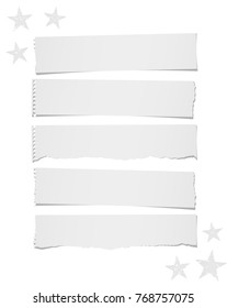 Ripped blank note, notebook paper strips for text or message stuck on white background with stars.