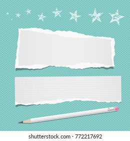 Ripped blank note, notebook paper for text or message stuck on turquoise background with pencil and stars