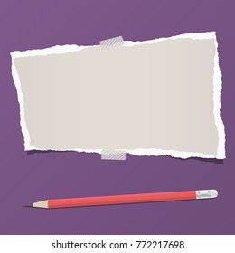 Ripped blank note, notebook paper for text or message stuck with sticky tape on purple background with pencil.