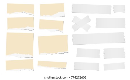 Ripped blank note, notebook paper strips, adhesive, sticky tape for text or message stuck on white background