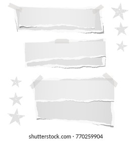 Ripped blank note, notebook stacked paper strips for text or message stuck with sticky tape on white background with star.