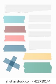 Ripped blank note paper, colorful sticky, adhesive tapes are stuck on white wall
