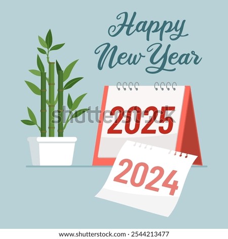 Ripped calendar page, bamboo and new year wishes: holidays and celebrations concept