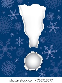 Ripped Christmas paper with Exclamation mark.
Blue torn paper christmas background with snowflakes.Place for your text. 