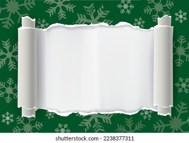 Ripped christmas paper, green frame, banner template.
Snowflakes background with torn paper. Place for your text or image. Vector available.
