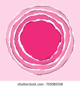 Ripped circle pink paper frame. Romantic round composition with stripes on pink gradient background. Valentines greeting card template with paper art.