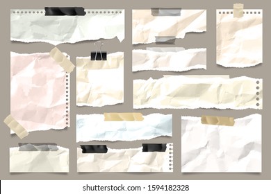 Ripped colored crumpled paper strips collection. Realistic paper scraps with torn edges and adhesive tape. Sticky notes, shreds of notebook pages. Vector illustration.