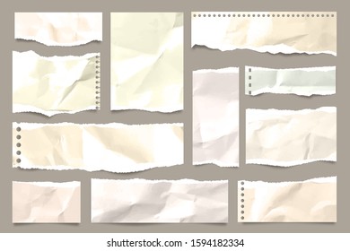 Ripped colored crumpled paper strips collection. Realistic paper scraps with torn edges. Sticky notes, shreds of notebook pages. Vector illustration.