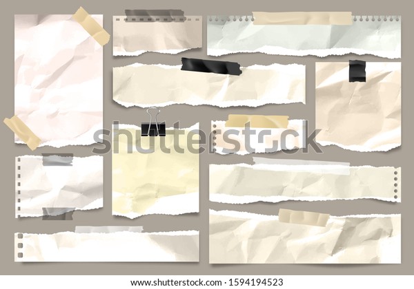 Ripped colored crumpled paper\
strips collection. Realistic paper scraps with torn edges and\
adhesive tape. Sticky notes, shreds of notebook pages. Vector\
illustration.