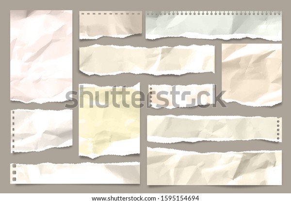 Ripped colored crumpled paper strips\
collection. Realistic paper scraps with torn edges. Sticky notes,\
shreds of notebook pages. Vector\
illustration.