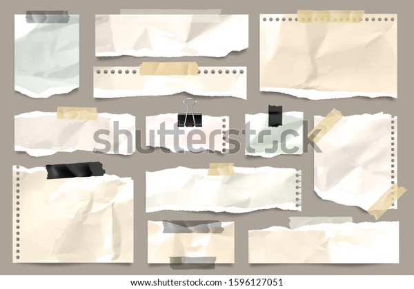 Ripped colored crumpled paper\
strips collection. Realistic paper scraps with torn edges and\
adhesive tape. Sticky notes, shreds of notebook pages. Vector\
illustration.