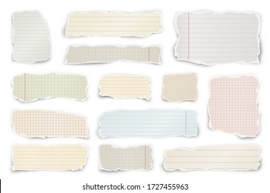 Ripped colored paper strips. Realistic crumpled paper scraps with torn edges. Lined shreds of notebook pages. Vector illustration.
