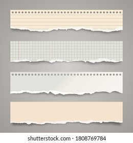 Tiras de papel de color roto. Vertederos de papel desmenuzados y realistas con bordes rotos. Manchas de páginas de cuadernos alineadas. Ilustración vectorial.