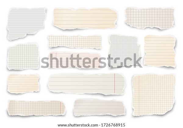 Ripped colored paper strips. Realistic\
crumpled paper scraps with torn edges. Lined shreds of notebook\
pages. Vector\
illustration.