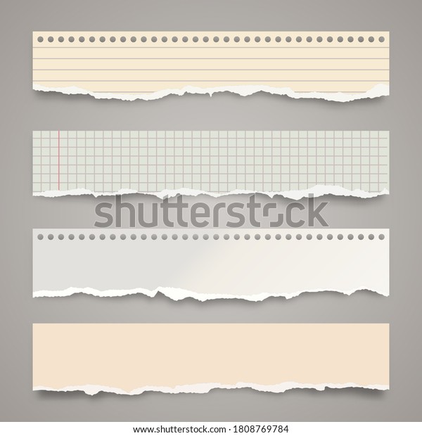 Ripped colored paper strips. Realistic\
crumpled paper scraps with torn edges. Lined shreds of notebook\
pages. Vector\
illustration.