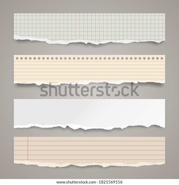Ripped colored paper strips. Realistic
crumpled paper scraps with torn edges. Lined shreds of notebook
pages. Vector
illustration.