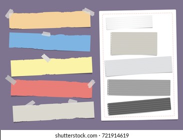 Ripped colorful note, notebook, copybook paper stuck on purple background.