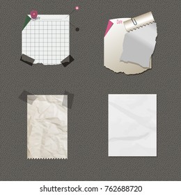 Ripped colorful note, notebook, copybook paper strips stuck on gray background.