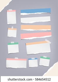 Ripped colorful notebook, copybook, note paper strips, stuck with sticky, adhesive tape.