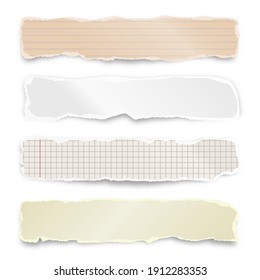 Ripped colorful paper strips isolated on white background. Realistic crumpled paper scraps with torn edges. Lined shreds of notebook pages. Vector illustration.