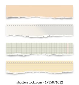 Tiras de papel coloreadas despojadas aisladas sobre fondo blanco. Vertederos de papel desmenuzados y realistas con bordes rotos. Manchas de páginas de cuadernos alineadas. Ilustración vectorial.