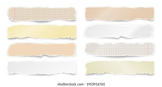 Ripped colorful paper strips isolated on white background. Realistic crumpled paper scraps with torn edges. Lined shreds of notebook pages. Vector illustration.