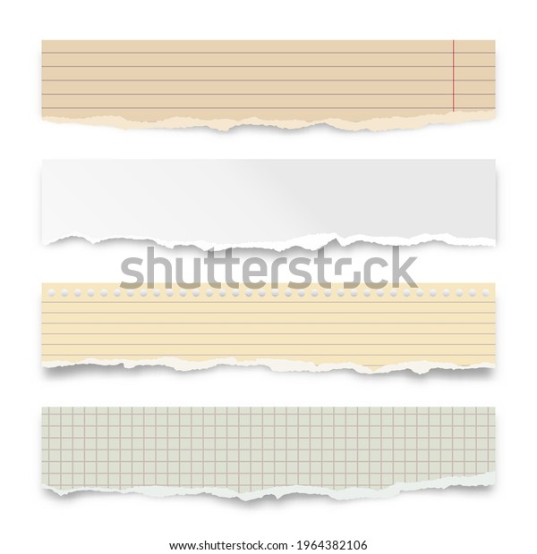 Ripped colorful paper strips\
isolated on white background. Realistic crumpled paper scraps with\
torn edges. Lined shreds of notebook pages. Vector\
illustration.