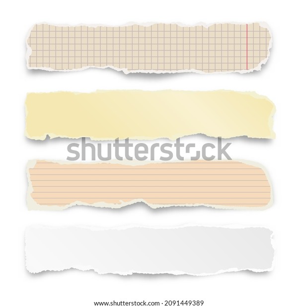 Ripped colorful paper strips\
isolated on white background. Realistic crumpled paper scraps with\
torn edges. Lined shreds of notebook pages. Vector\
illustration.