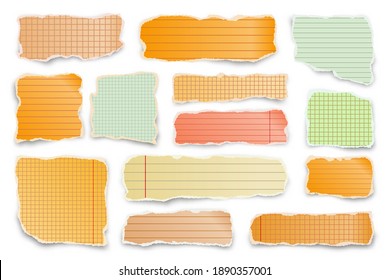 Ripped colorful paper strips. Realistic crumpled paper scraps with torn edges. Lined shreds of notebook pages. Vector illustration.