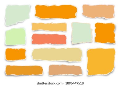 Ripped colorful paper strips. Realistic crumpled paper scraps with torn edges. Shreds of notebook pages. Vector illustration.