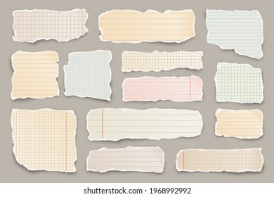Ripped colorful paper strips. Realistic crumpled paper scraps with torn edges. Lined shreds of notebook pages. Vector illustration.