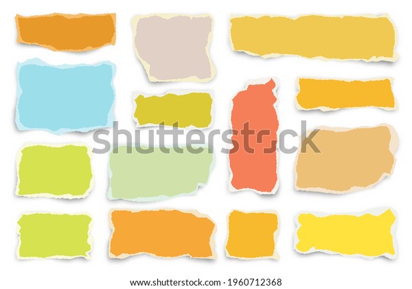 Ripped colorful paper strips. Realistic\
crumpled paper scraps with torn edges. Shreds of notebook pages.\
Vector illustration.