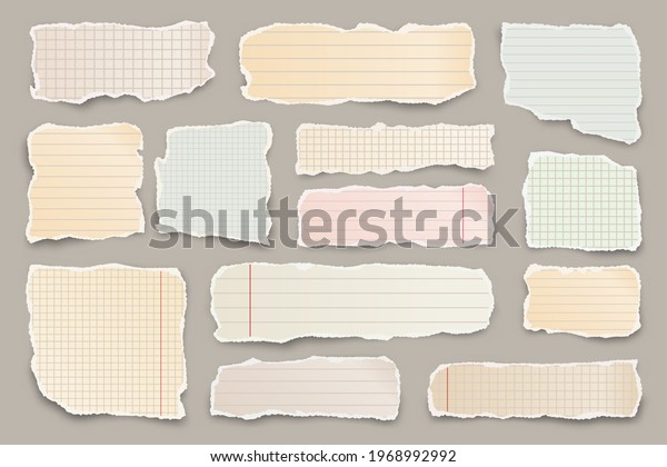 Ripped colorful paper strips. Realistic
crumpled paper scraps with torn edges. Lined shreds of notebook
pages. Vector
illustration.
