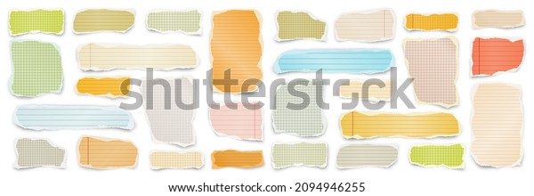 Ripped colorful paper strips. Realistic\
crumpled paper scraps with torn edges. Lined shreds of notebook\
pages. Vector\
illustration.