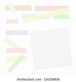 Ripped colorful pastel sticky, masking tape and note, notebook, copy book ruled paper sheet