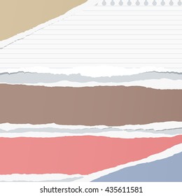 Ripped colorful and ruled notebook paper sheet are stuck on gray background.